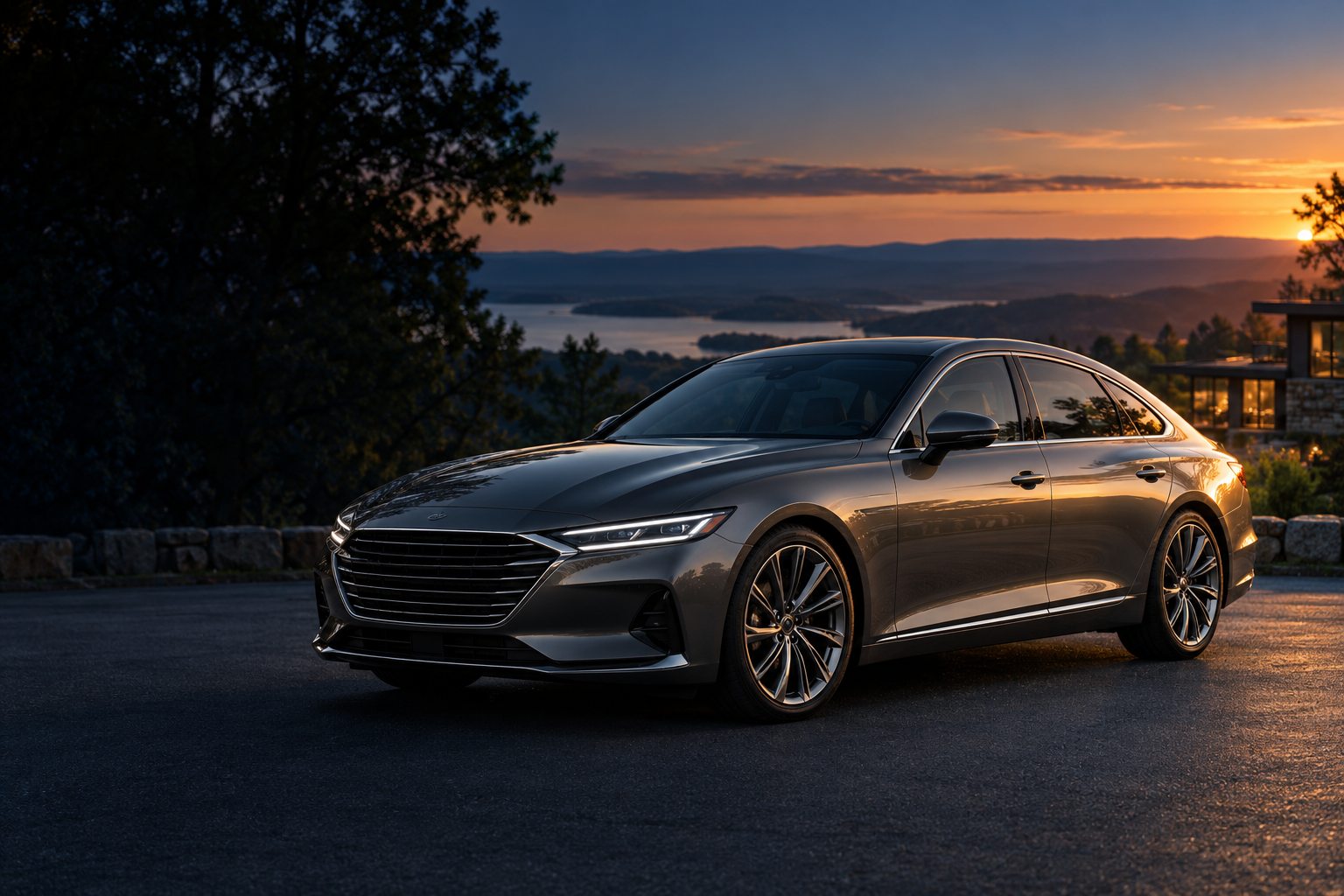 Original representative photograph of a graphite sedan at sunset